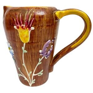 Italian Pottery Hand Painted Pitcher Raised Relief Flowers Brown Faux Wood